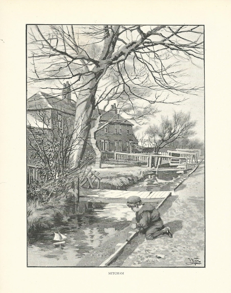 Mitcham Surrey antique print published 1893