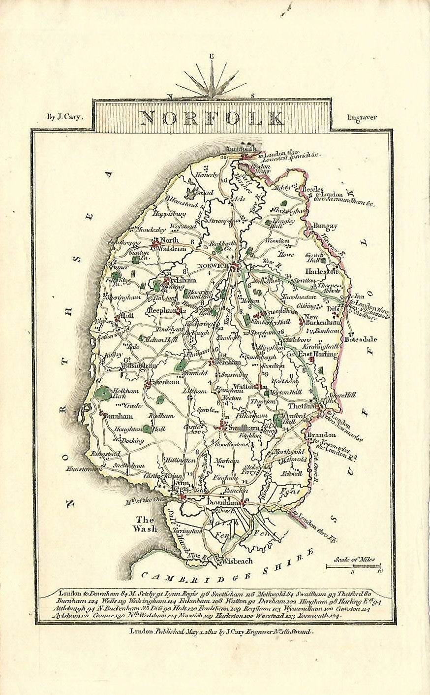 Norfolk antique map by Georgian cartographer John Cary 1812