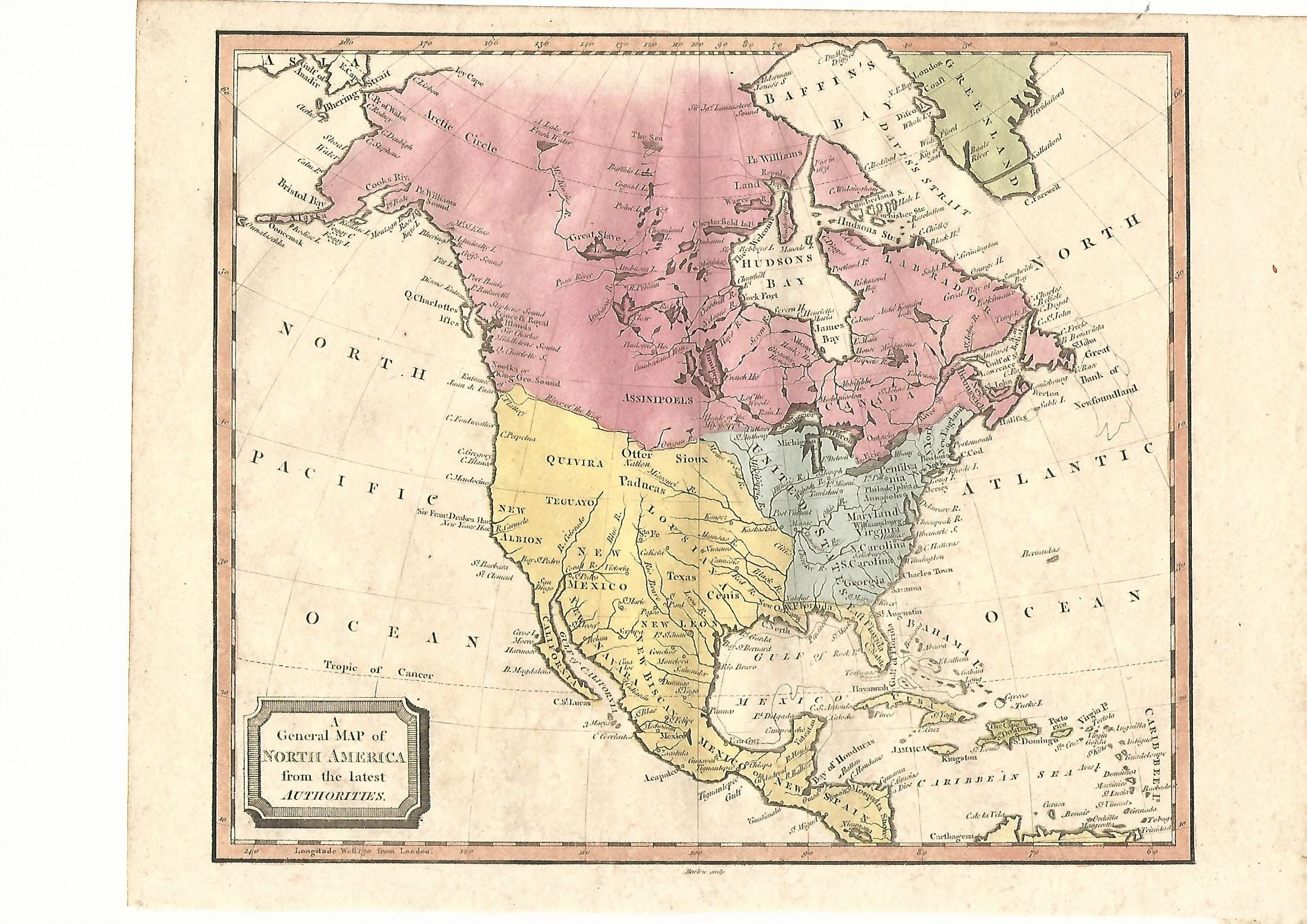 America antique map 1815 Canada United States Mexico Caribbean Greenla ...