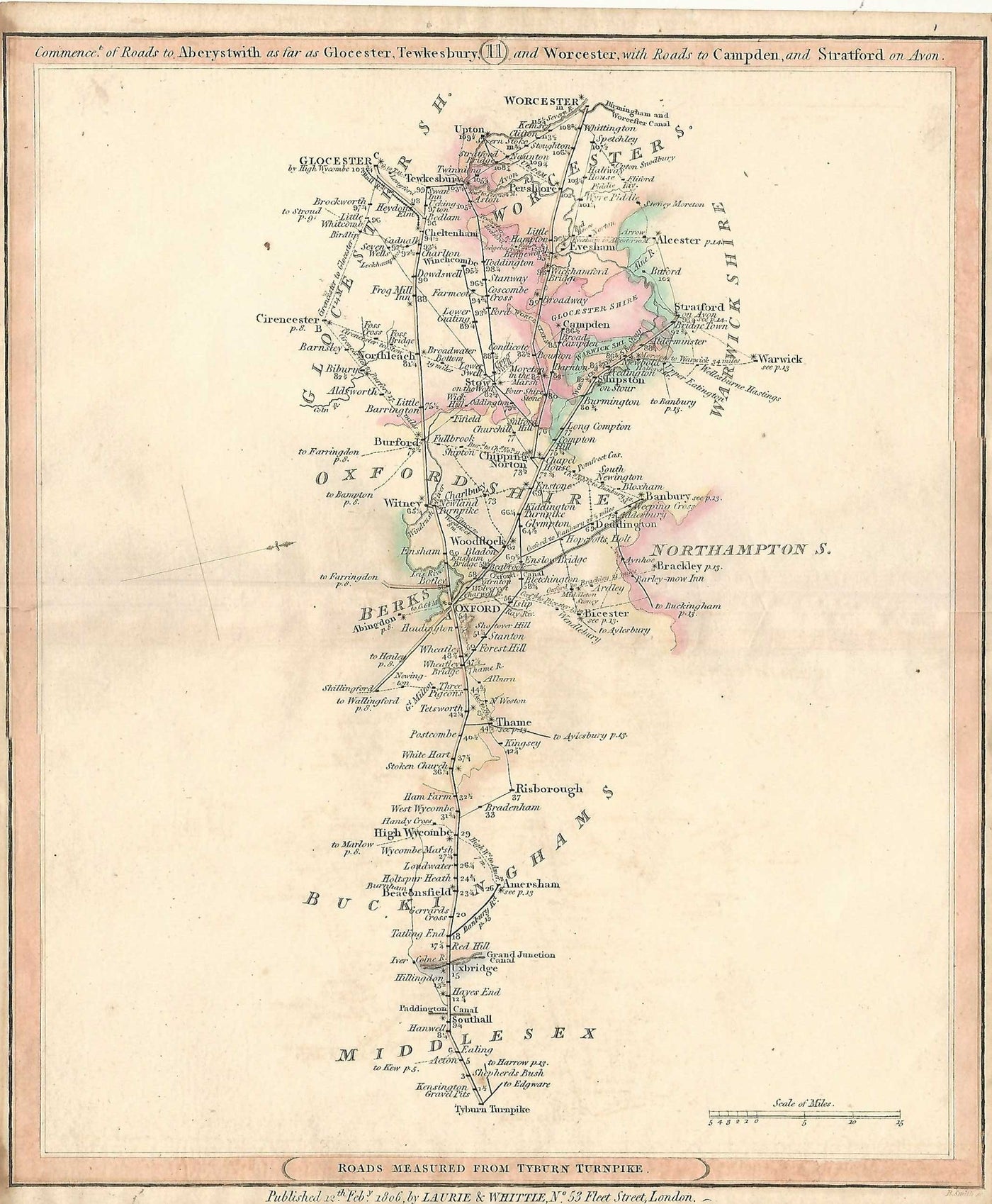 Gloucester and Worcester road from Tyburn antique map