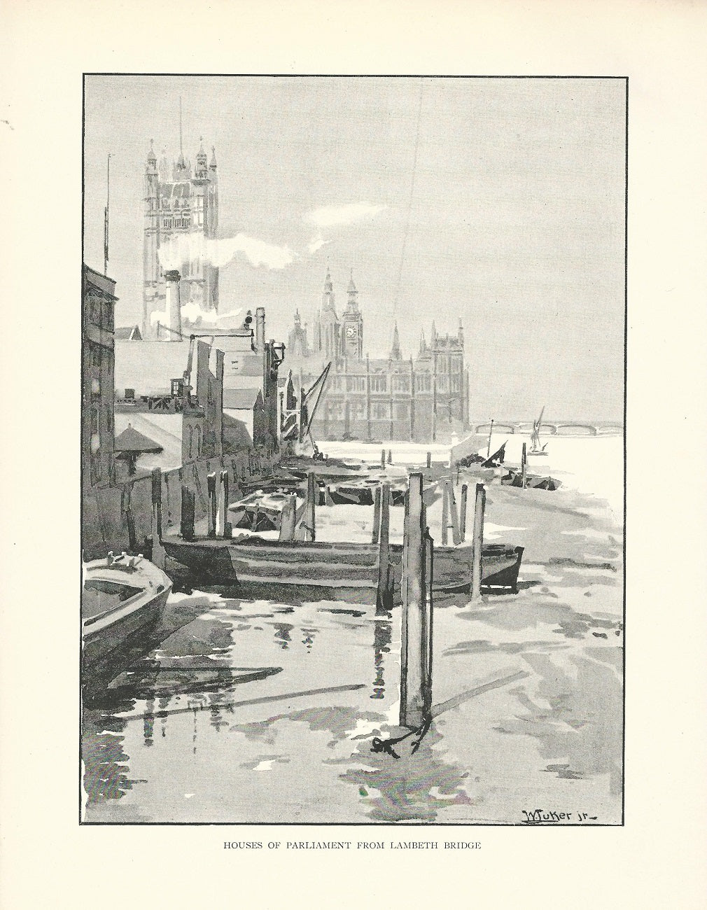 Houses of Parliament from Lambeth Bridge antique print 1893