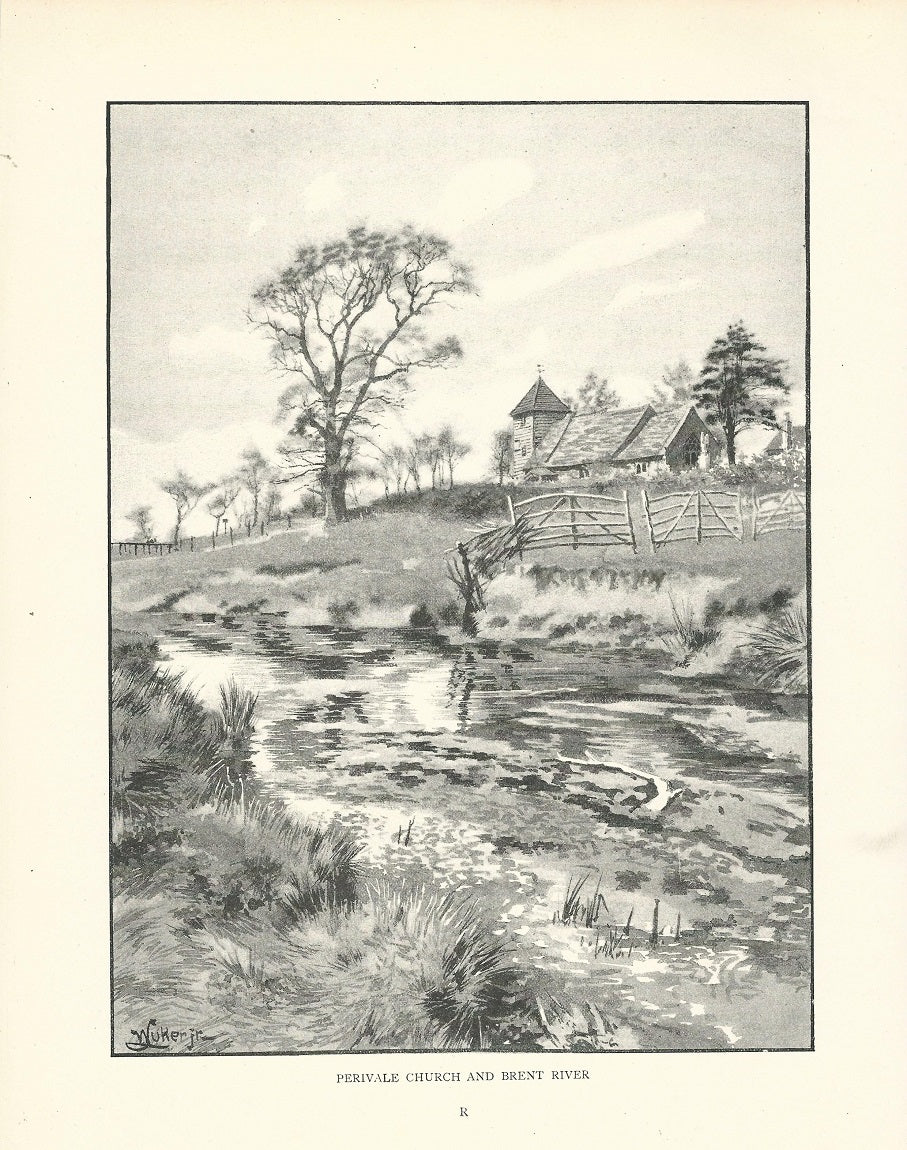 Perivale Church from the Brent River antique print 1893