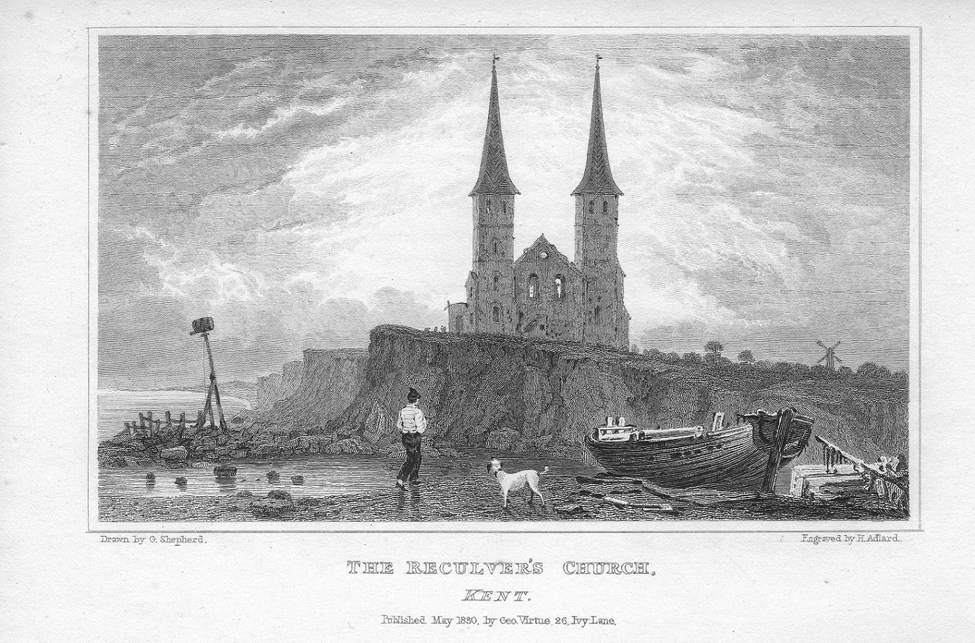 Reculver Church Kent antique print published c.1830