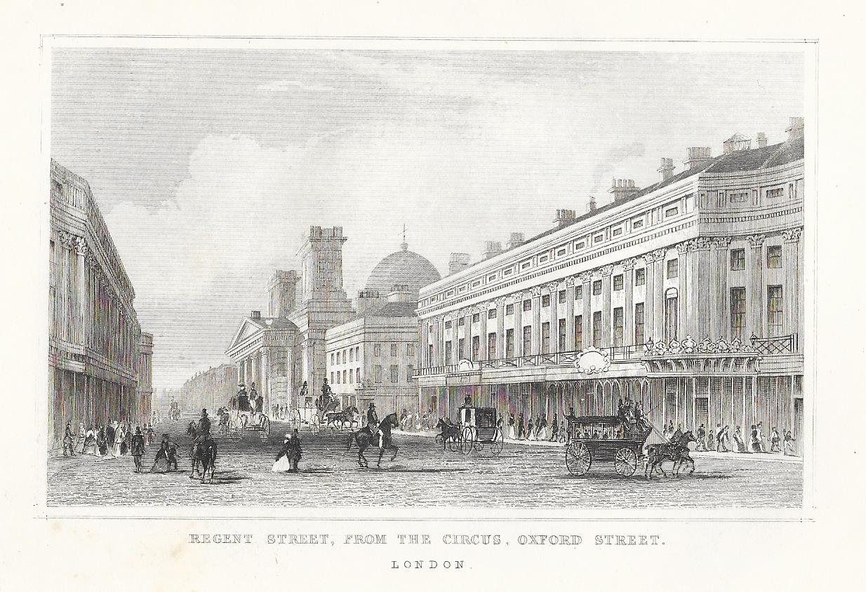 Regent Street from Oxford Circus antique print 1845