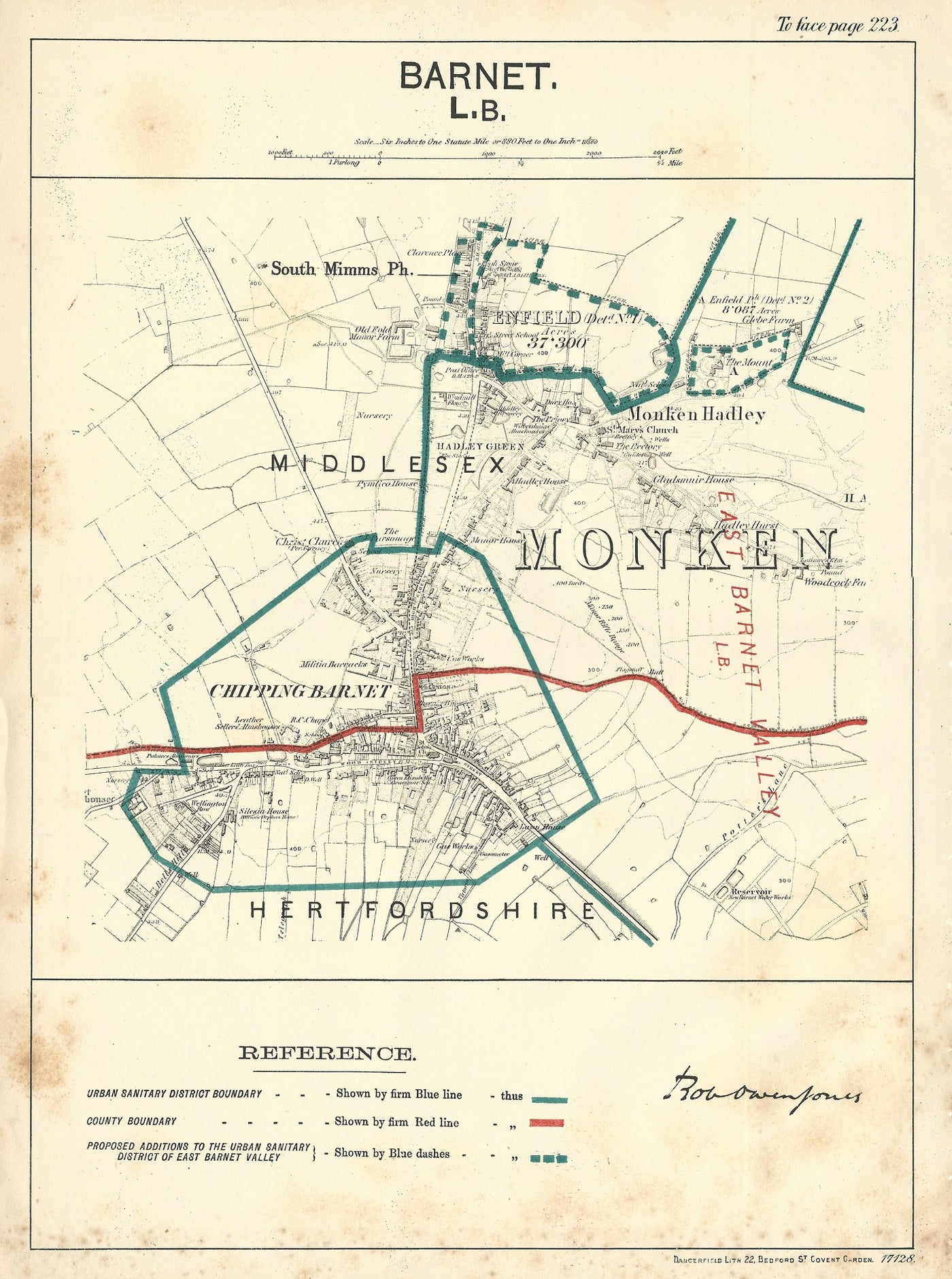 Barnet antique map Ordnance Survey Boundary Commission 1888