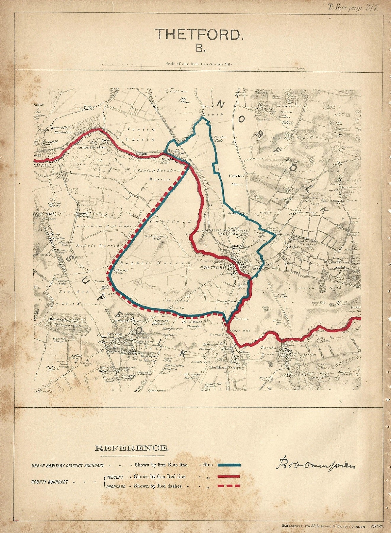 Thetford Norfolk antique map Ordnance Survey 1888