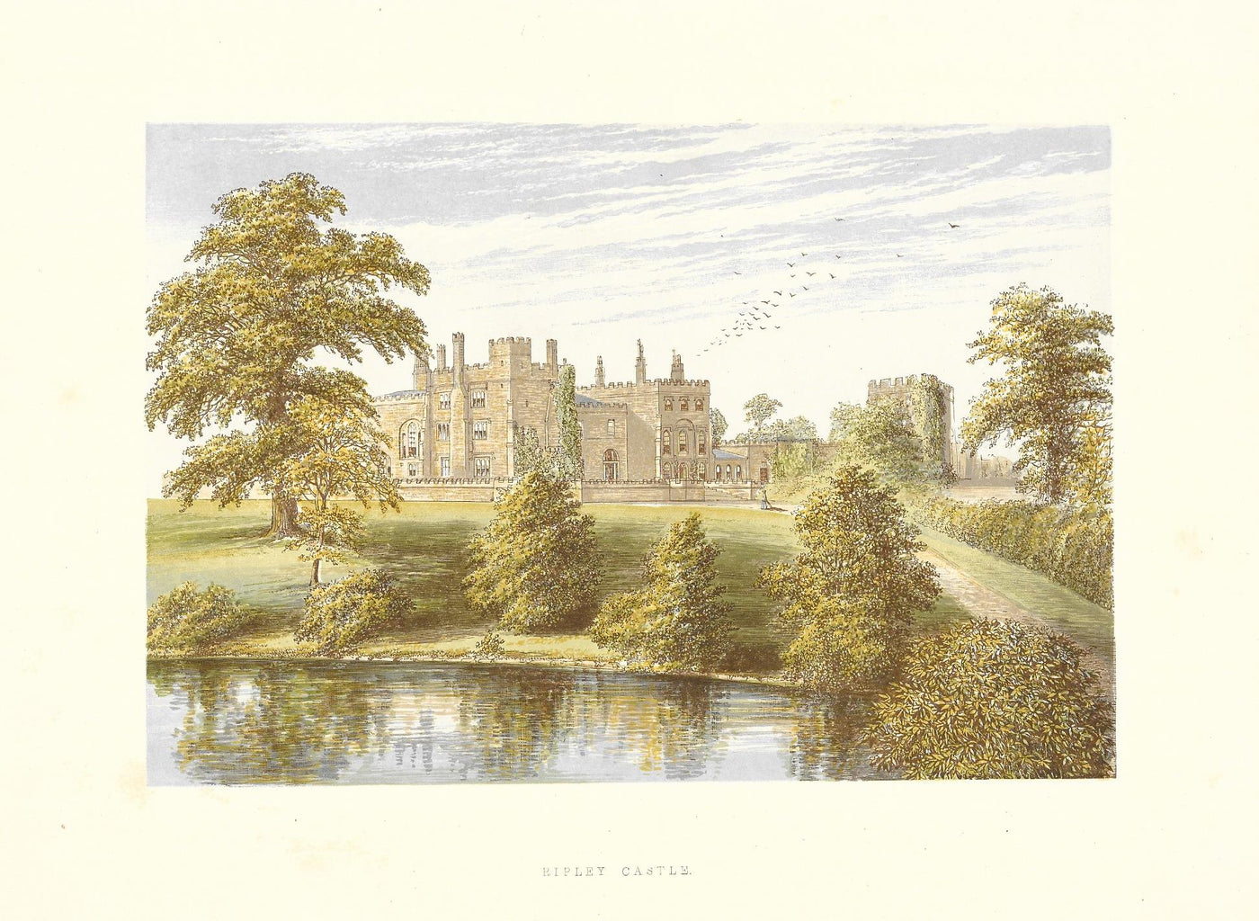 Ripley Castle Yorkshire guaranteed original antique print 1880