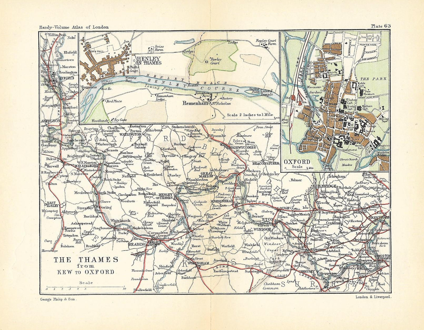 River Thames antique map from Kew to Oxford