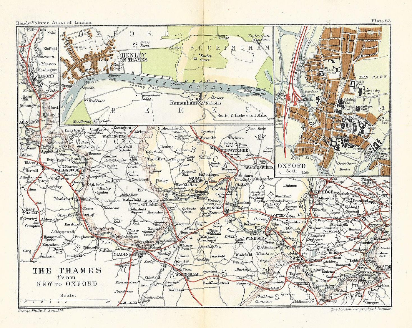 River Thames antique map from Kew to Oxford