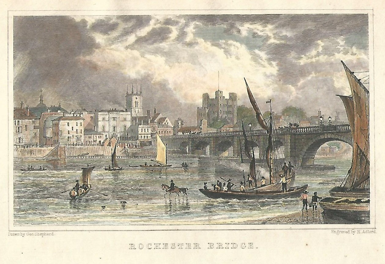 Rochester Bridge castle and River Medway antique print 1828