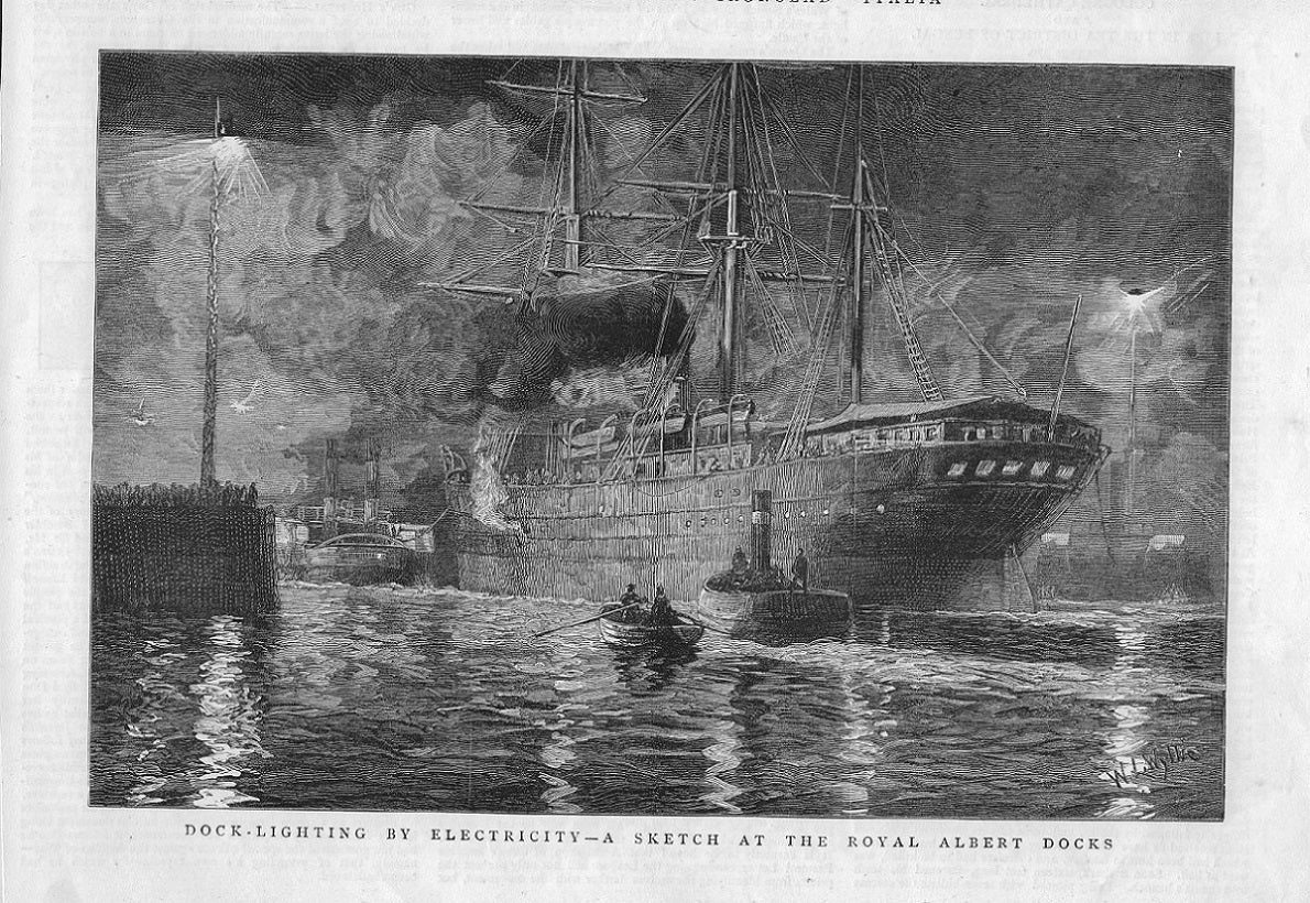 Royal Albert Dock lit by electricity antique print 1880