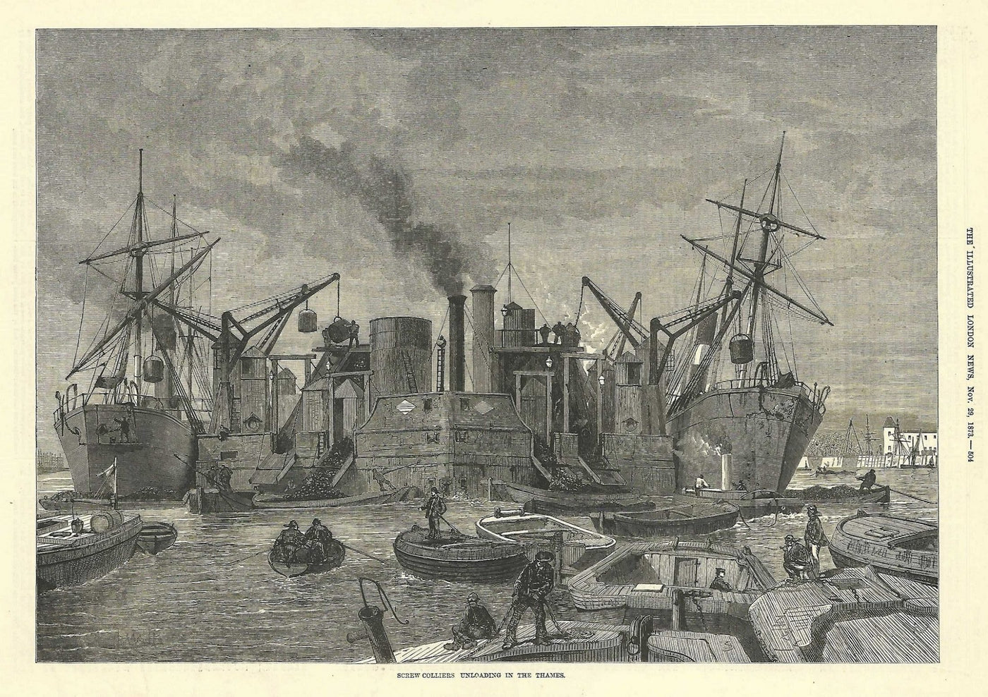 Collier ships unloading on River Thames antique print 1873