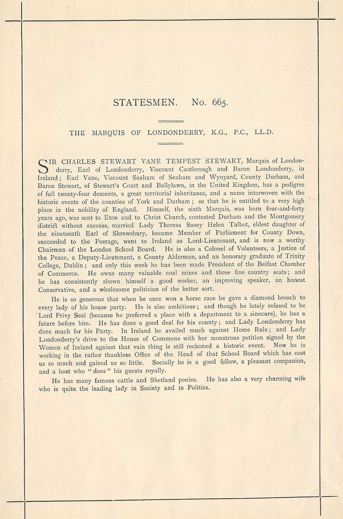 Marquis of Londonderry, Charles Stewart Vane-Tempest-Stewart 1896