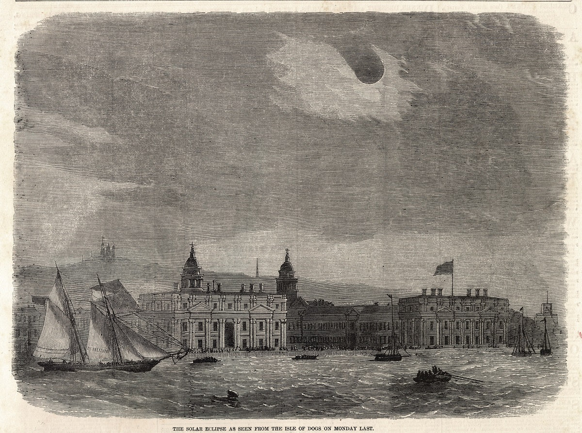 Solar Eclipse seen from the Isle of Dogs antique print 1858