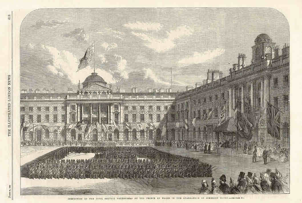 Somerset House and the Civil Service Rifles antique print 1864