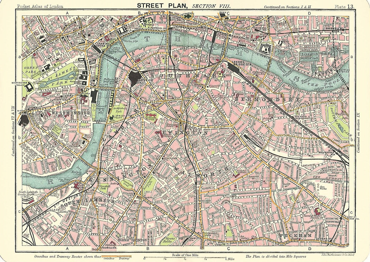 Southwark Bermondsey Lambeth Walworth Westminster antique map 1914