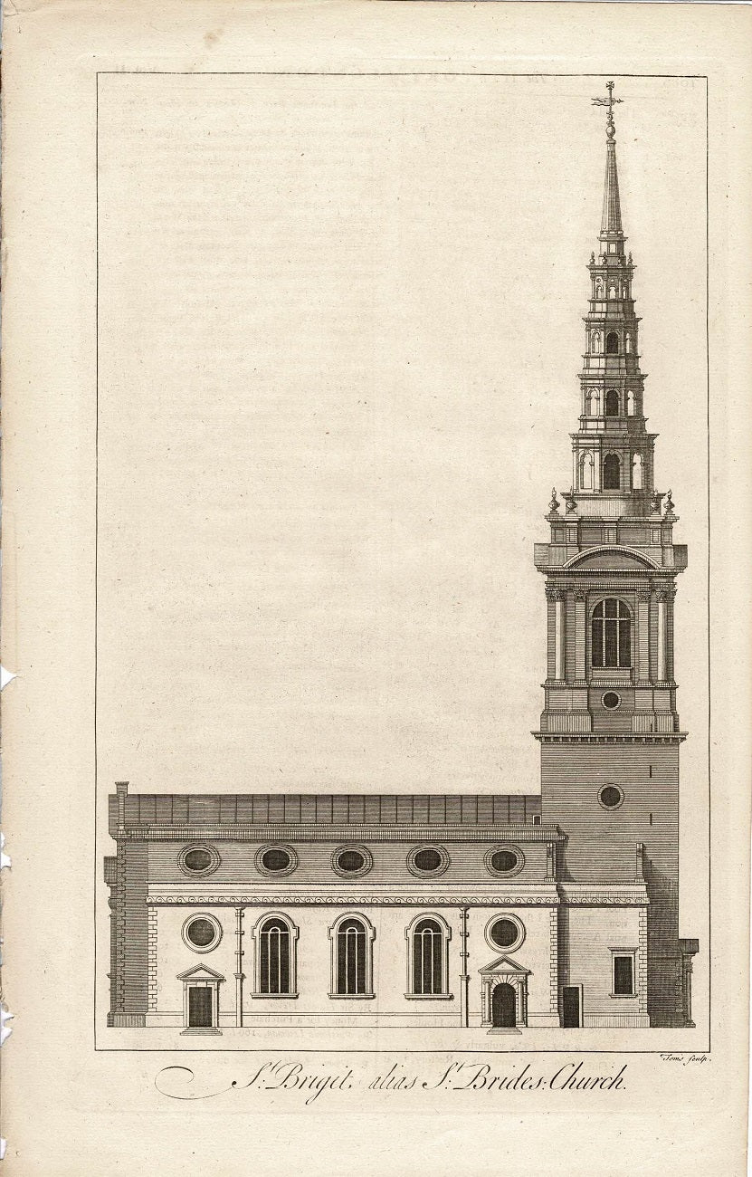 St Bride's Church Fleet Street antique print 1756