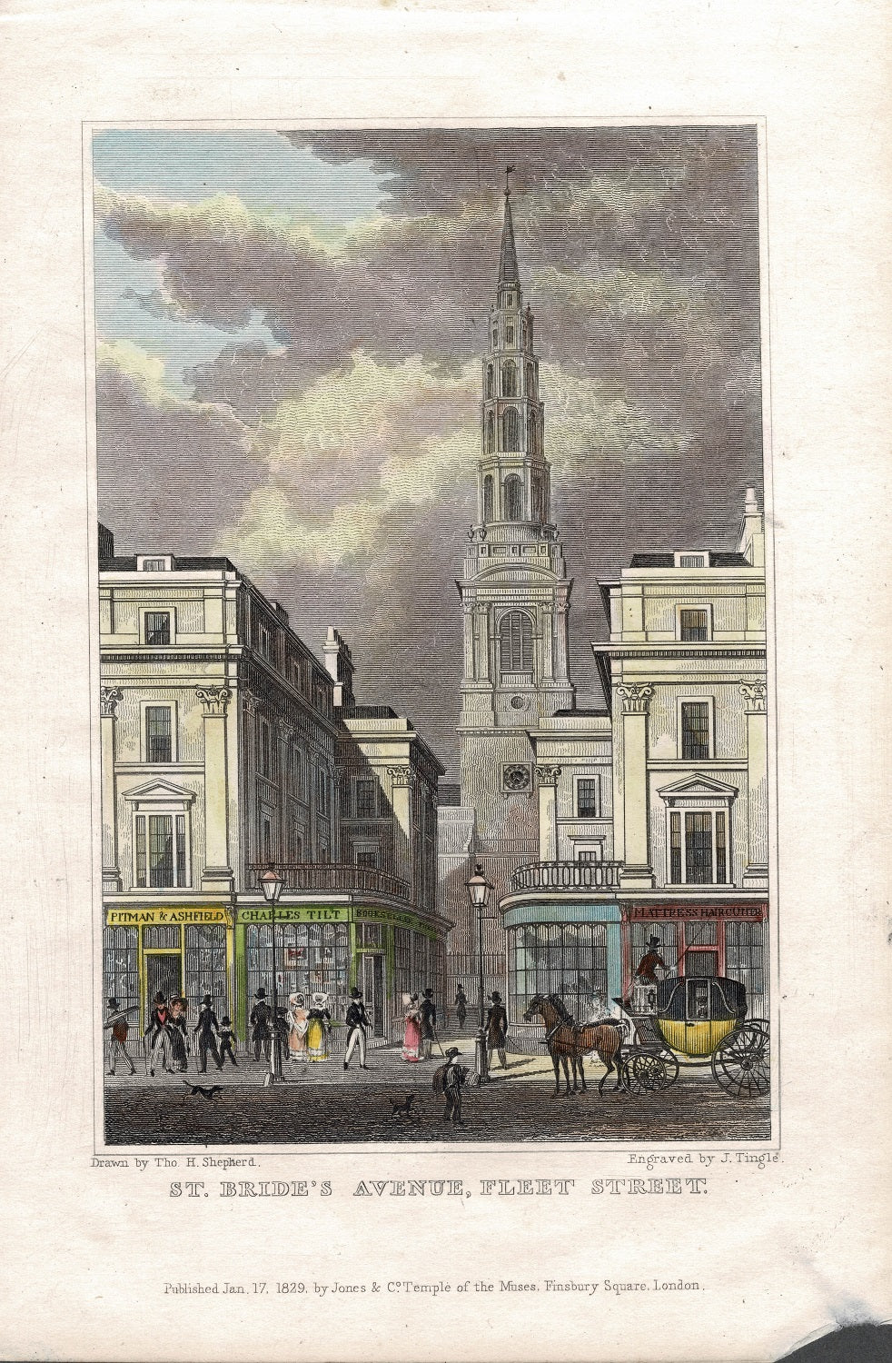 St Bride's Church Fleet Street antique print 1829