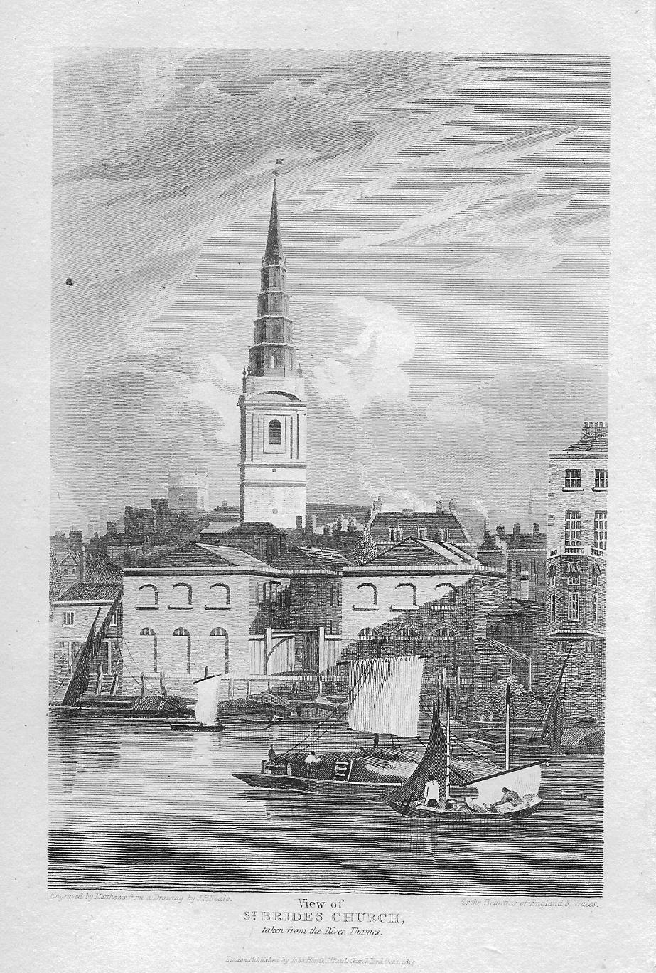 St Bride's Church Fleet Street antique print 1815