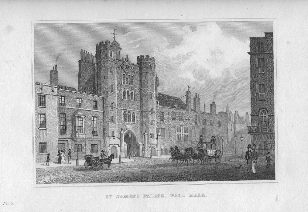 St James's Palace Pall Mall London antique print published 1830