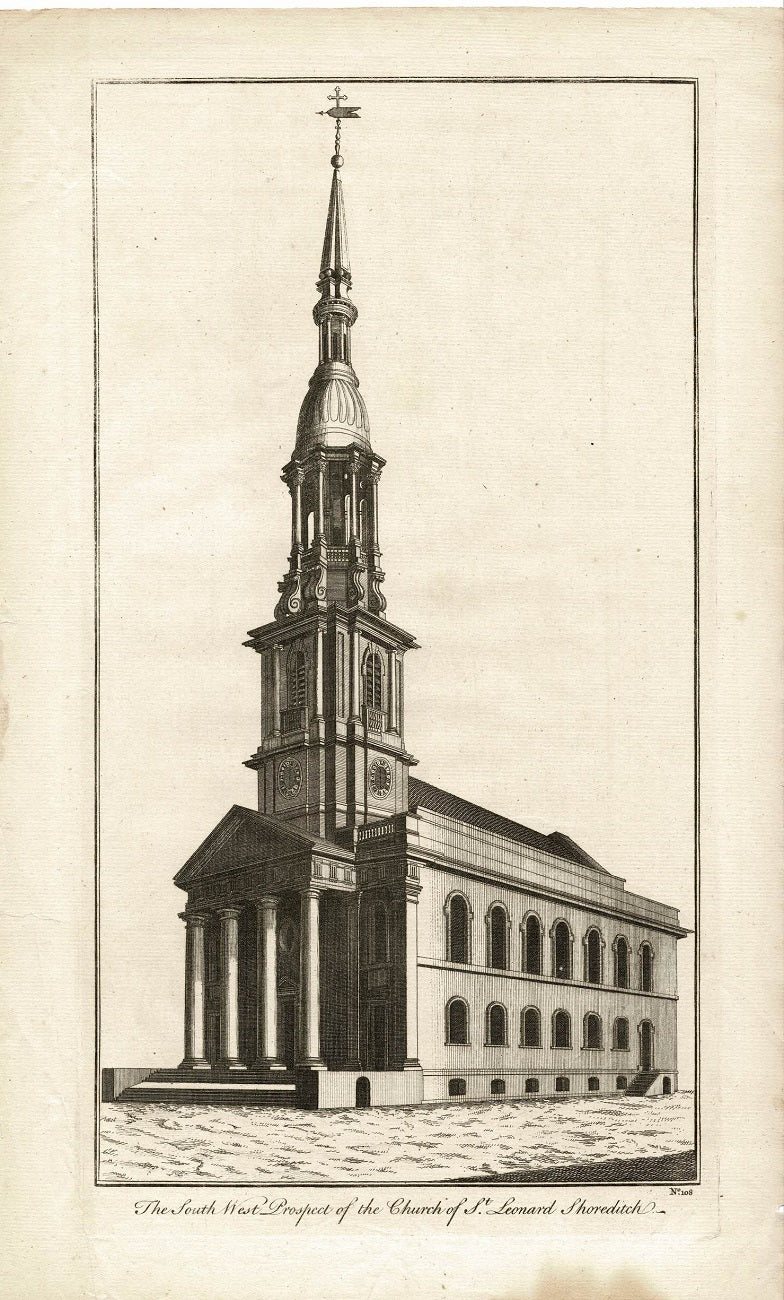 St Leonard Church Shoreditch antique print 1756