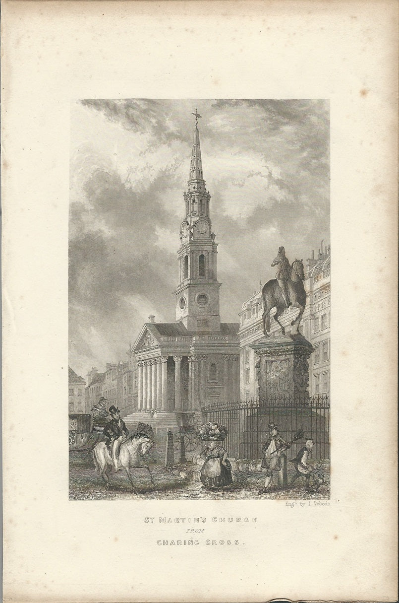 St Martin in the Fields & King Charles II statue antique print 1838