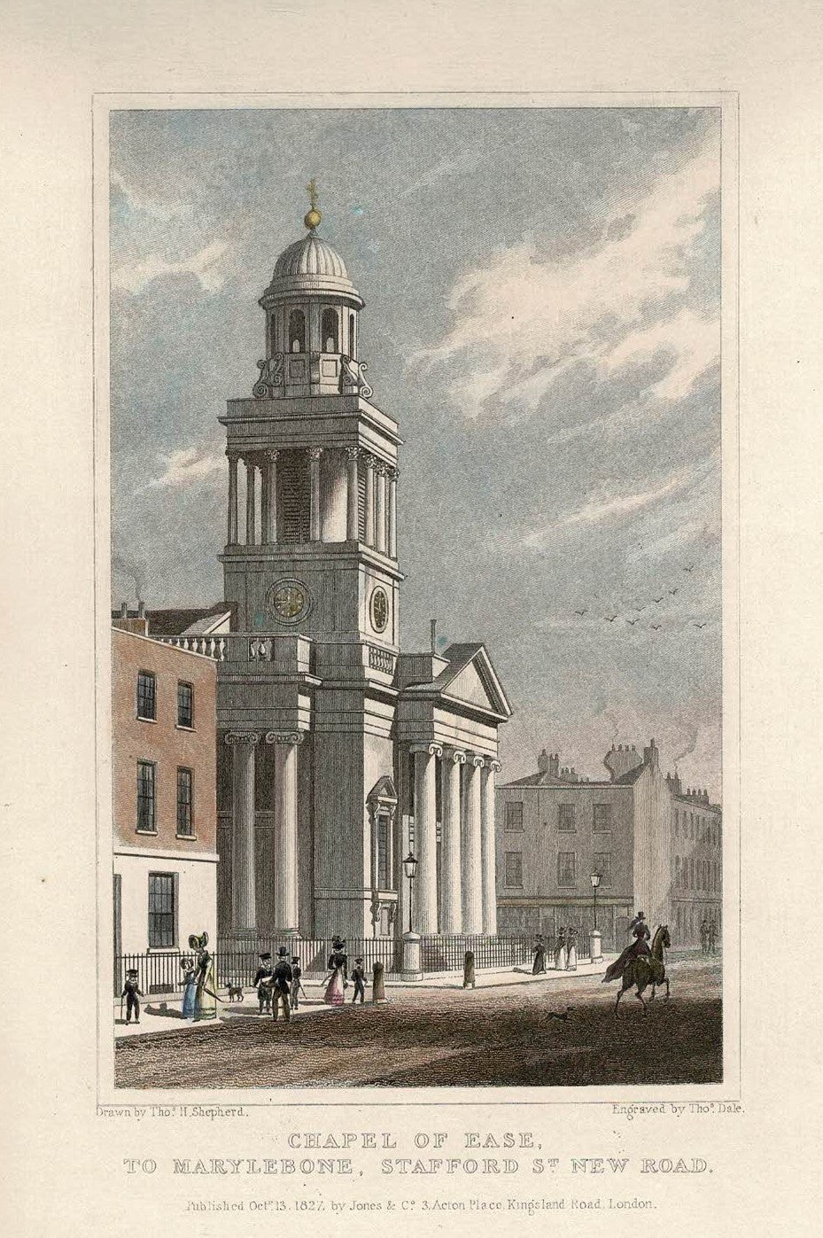 St Marylebone Parish Church antique print 1830