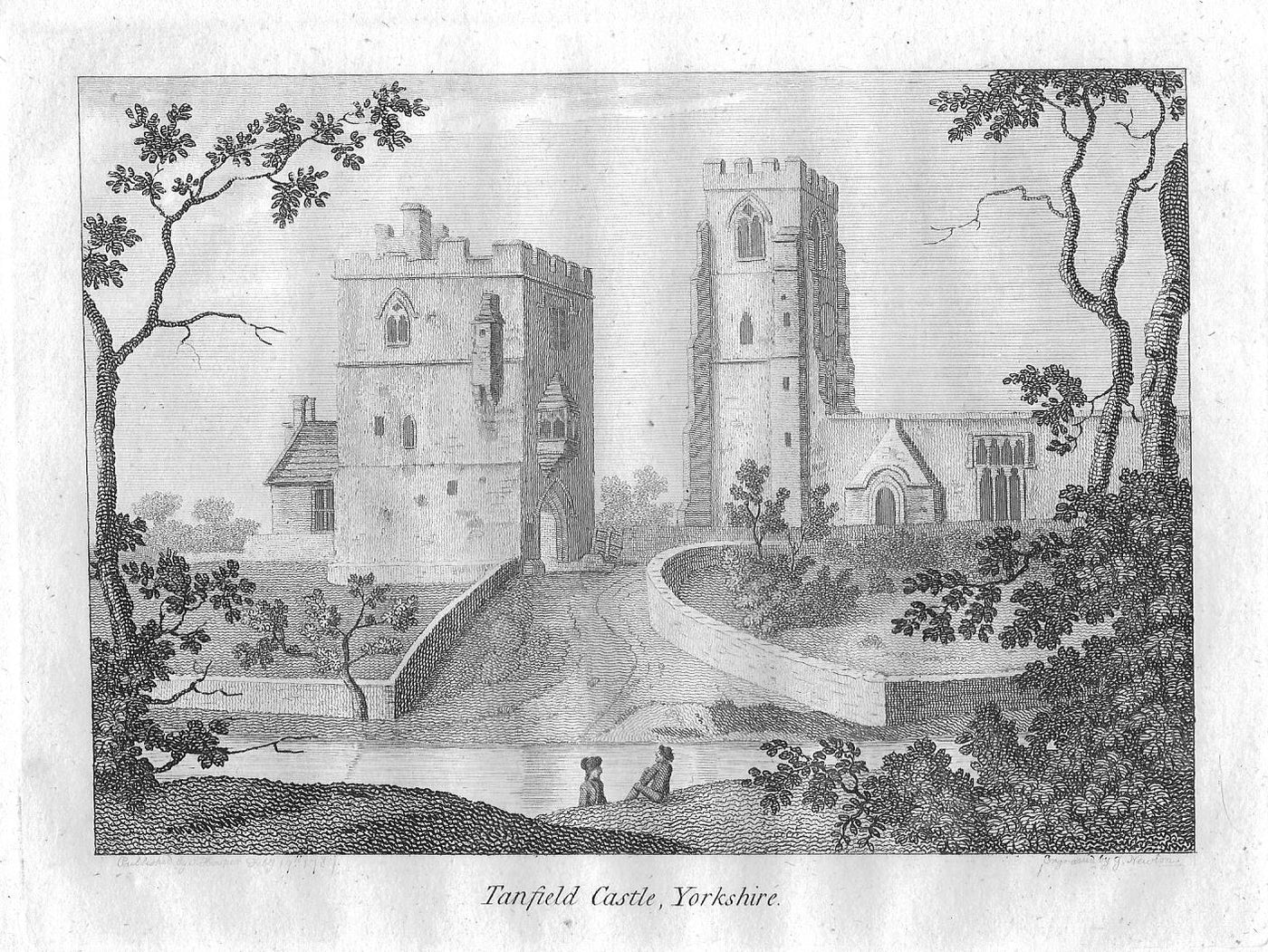 Tanfield Castle Yorkshire antique print 1787