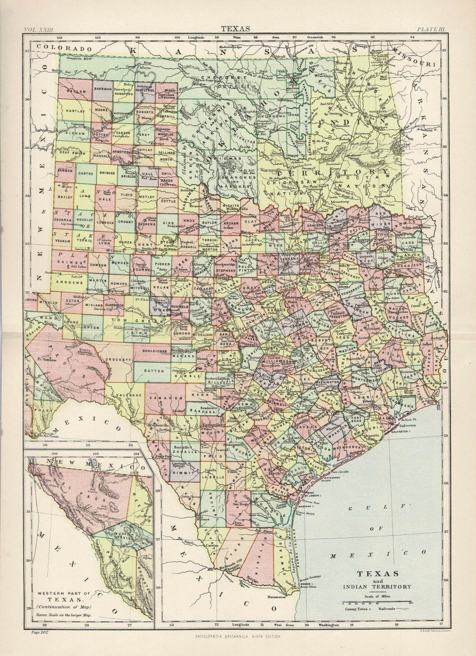 Texas antique map from Encyclopaedia Britannica c.1889 – Maps and ...