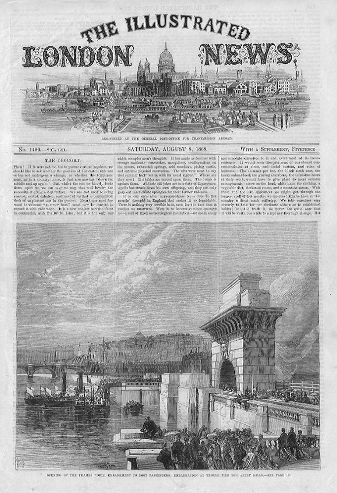 Thames Embankment antique print 1868