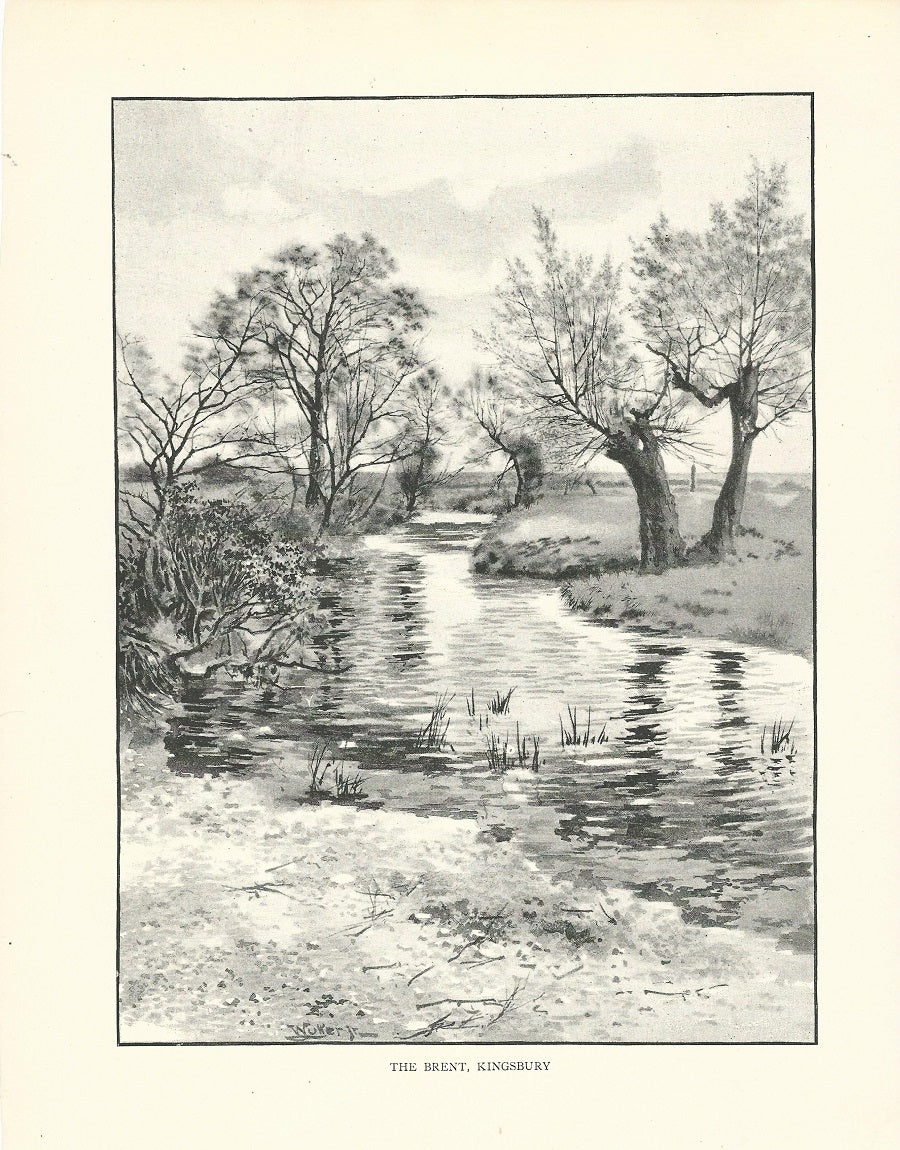 River Brent at Kingsbury antique print 1893