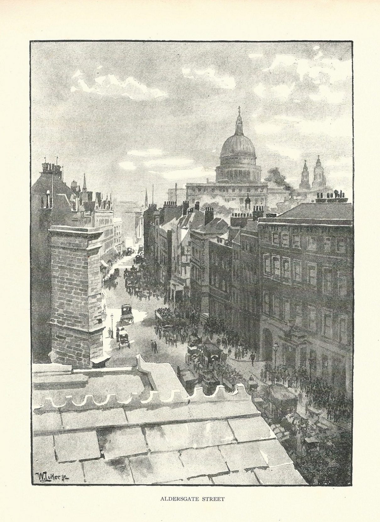 Aldersgate Street view of St Paul's Cathedral antique print 1890