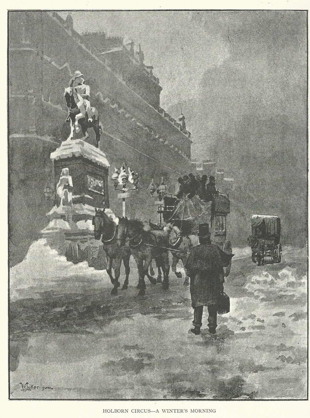 Holborn Circus and Prince Albert statue antique print 1890