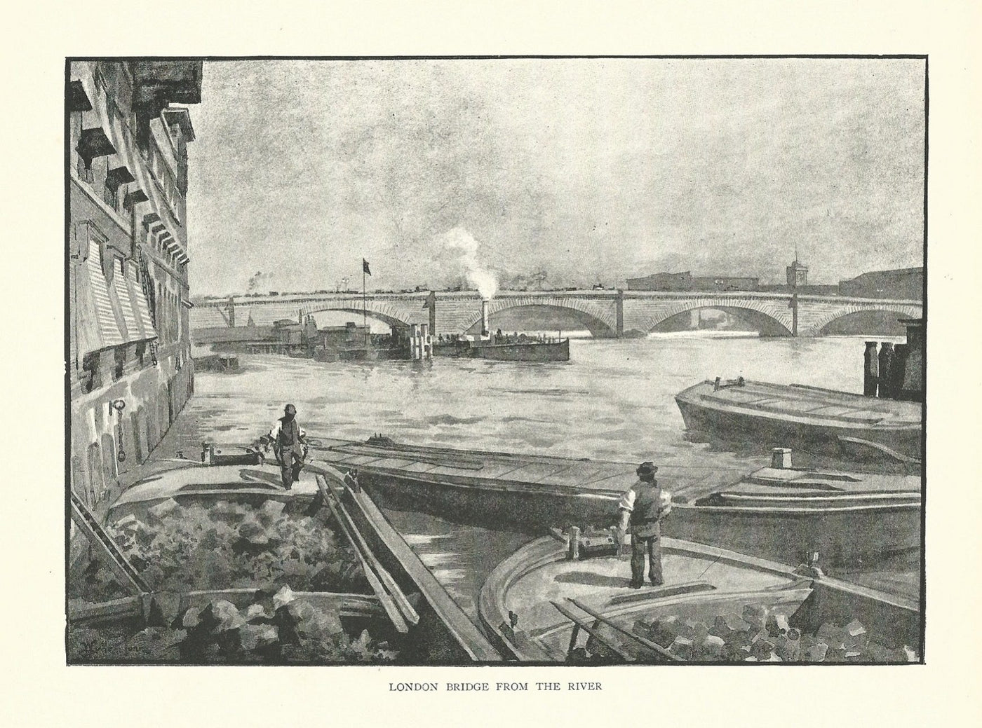 London Bridge from the River Thames antique print 1890