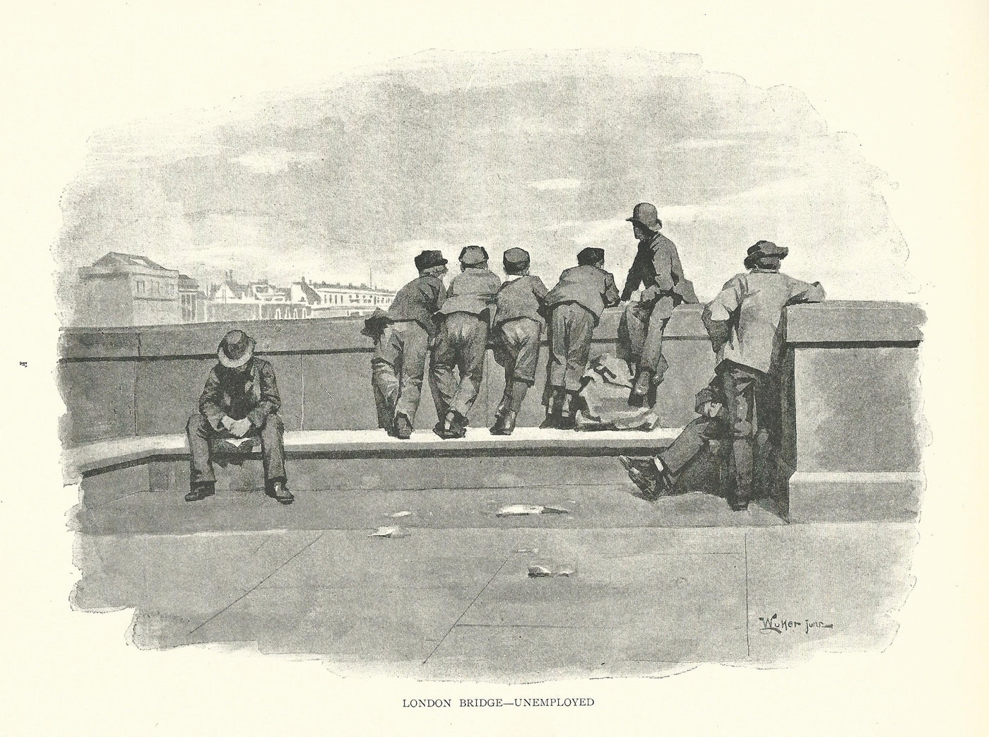 Unemployed on London Bridge antique print published 1890