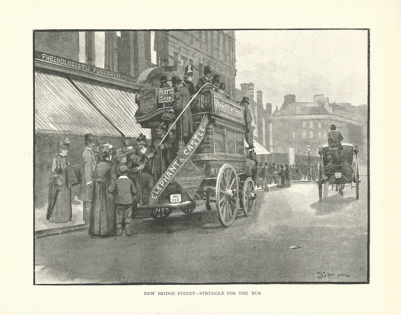 Omnibus to Elephant and Castle antique print 1890