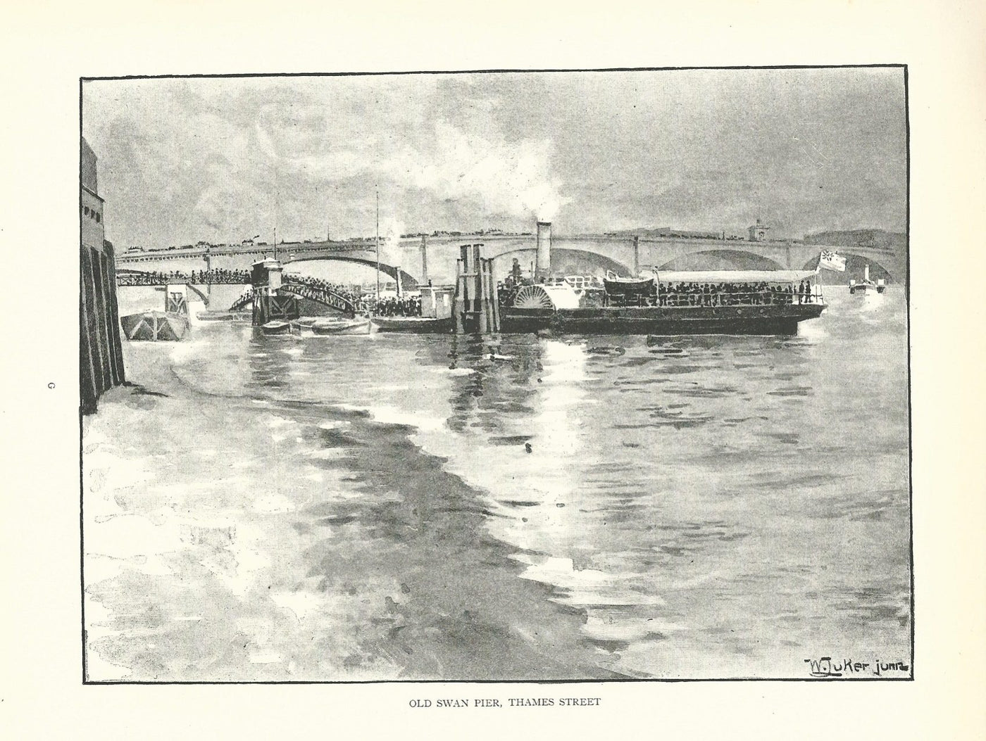 London Bridge from Old Swan Pier Thames Street antique print 1890