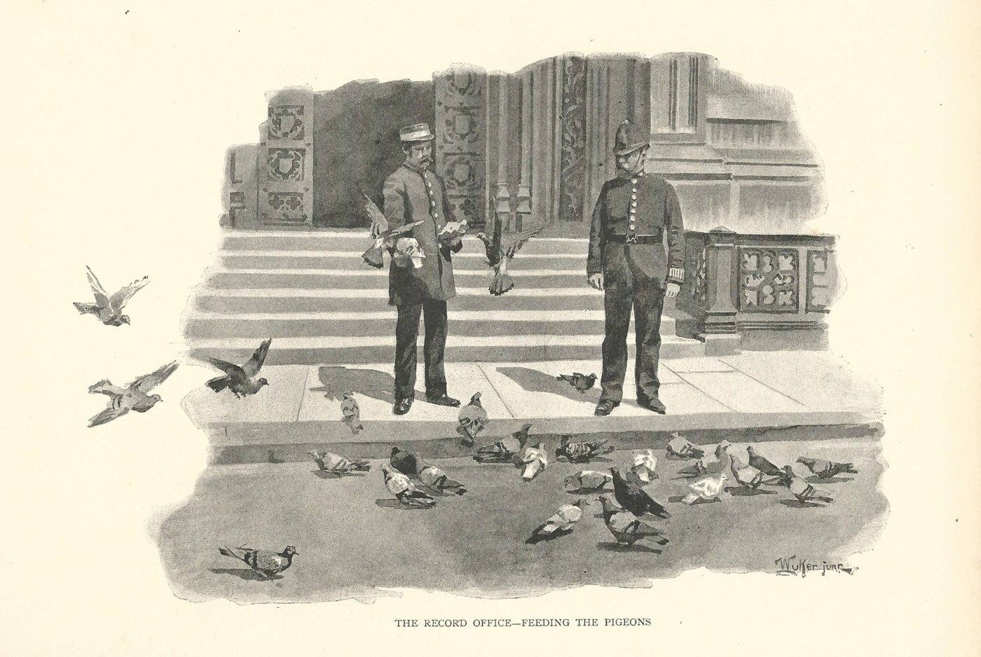 Public Record Office Fetter Lane London feeding the pigeons 1890