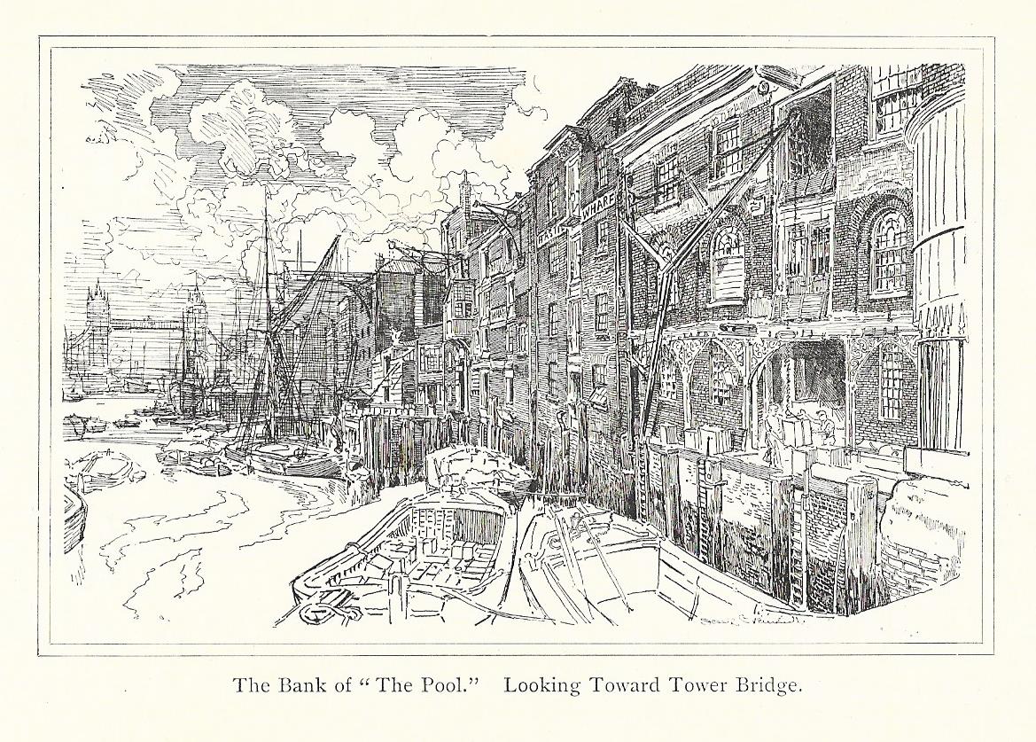 Tower Bridge from Wapping antique print 1902