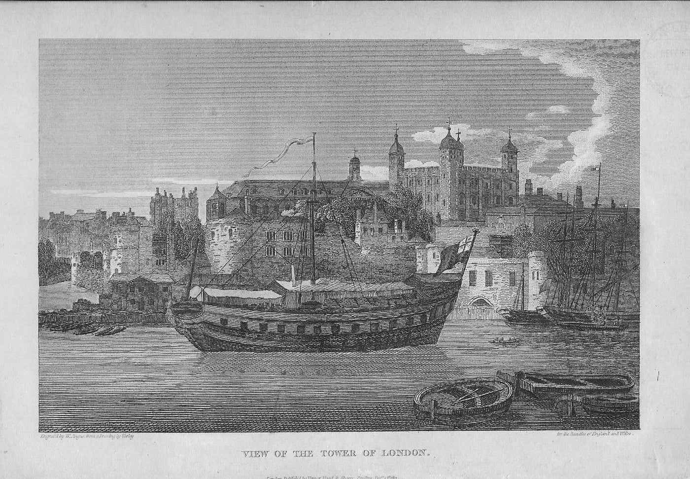 Tower of London from River Thames antique print 1815