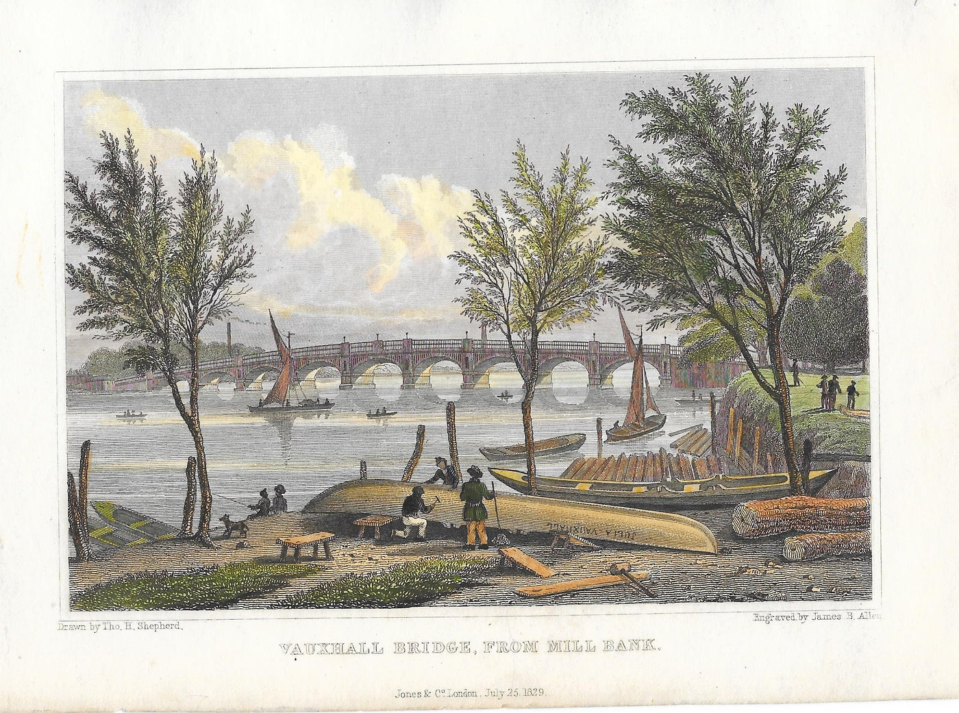 Vauxhall Bridge from Mill Bank antique print 1830