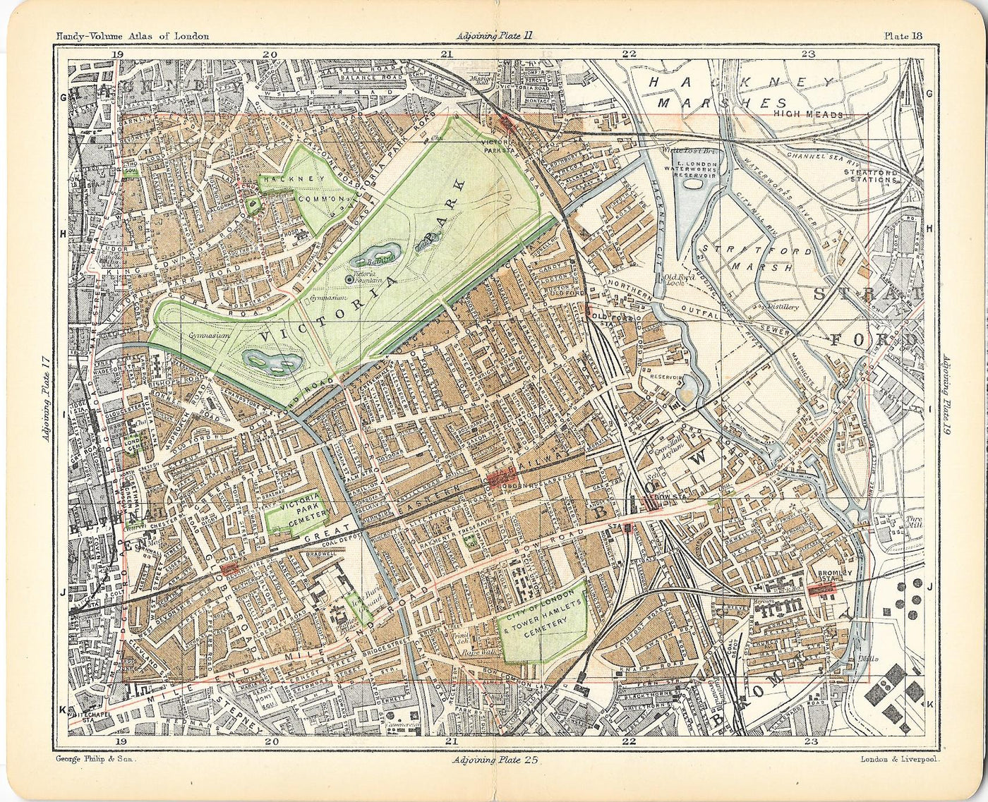 Victoria Park London antique map 1891