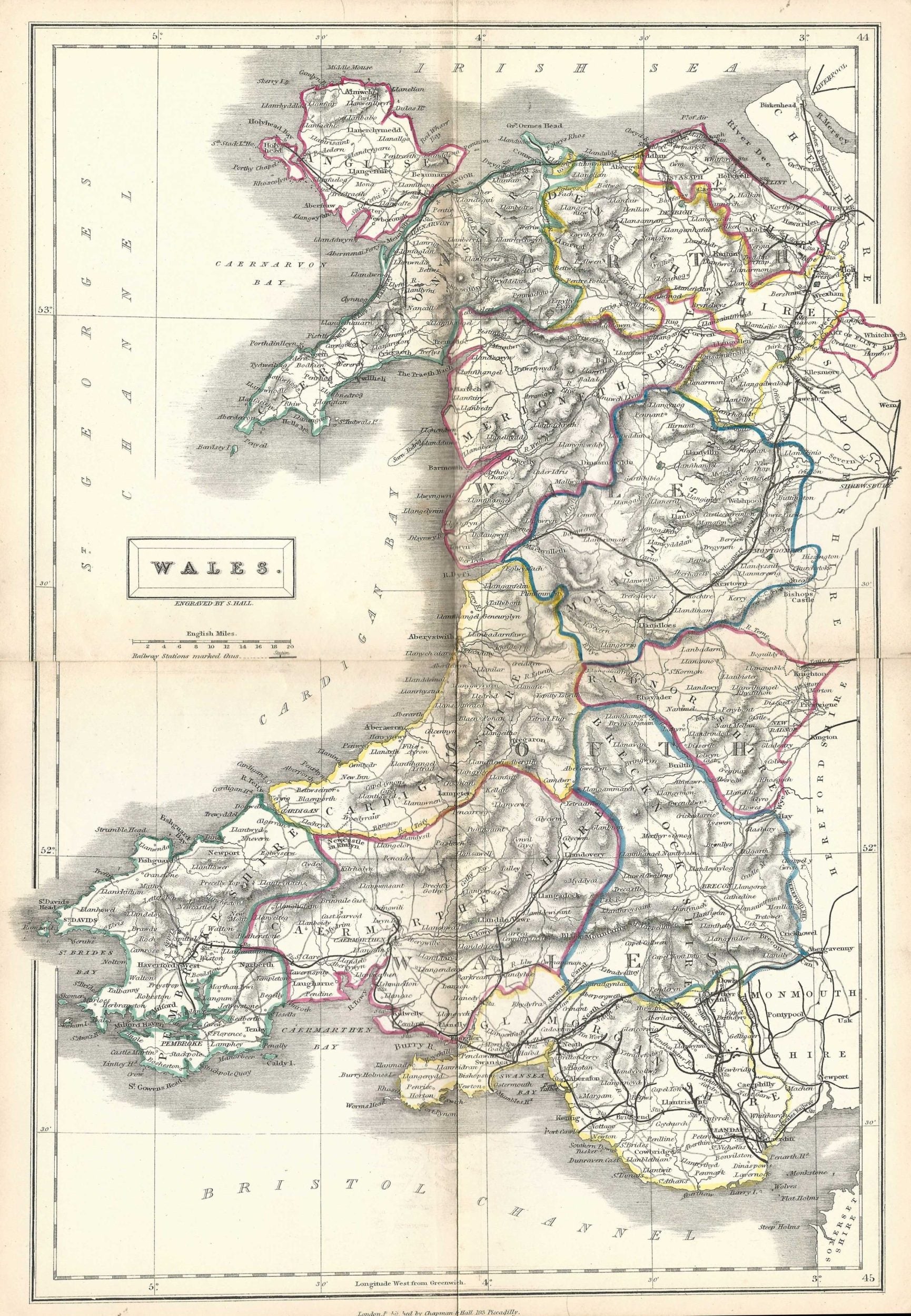 Wales antique map (Cymru) by Sidney Hall published 1860 – Maps and ...