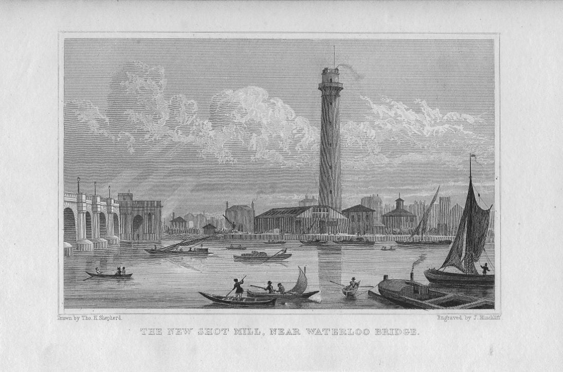 Waterloo Bridge Shot Tower antique print published c1830