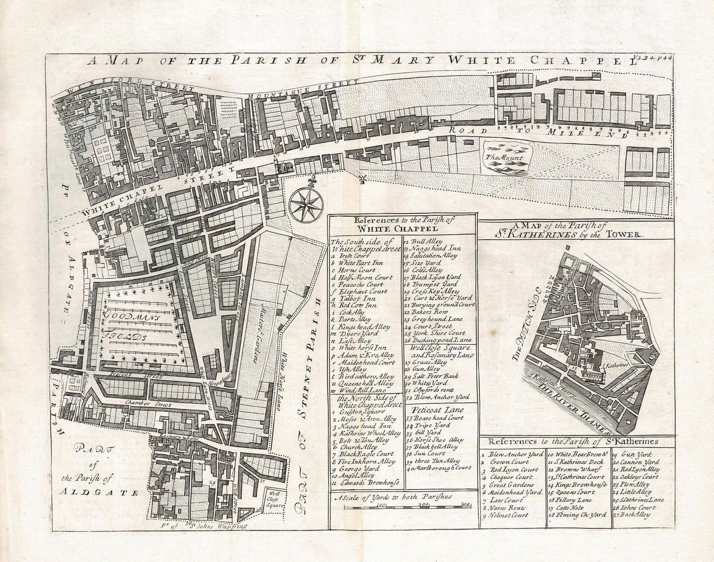 Whitechapel Parish of St Mary Stow's Survey antique map 1720