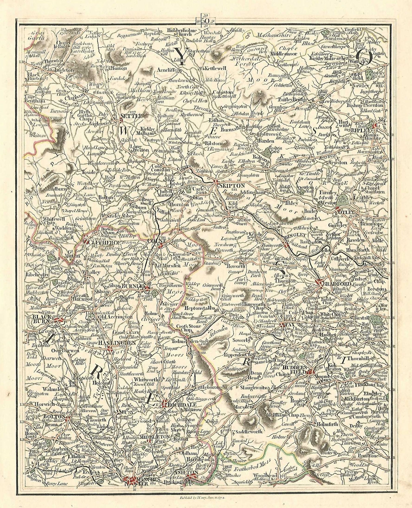 Yorkshire Lancashire antique map published by John Cary 1794