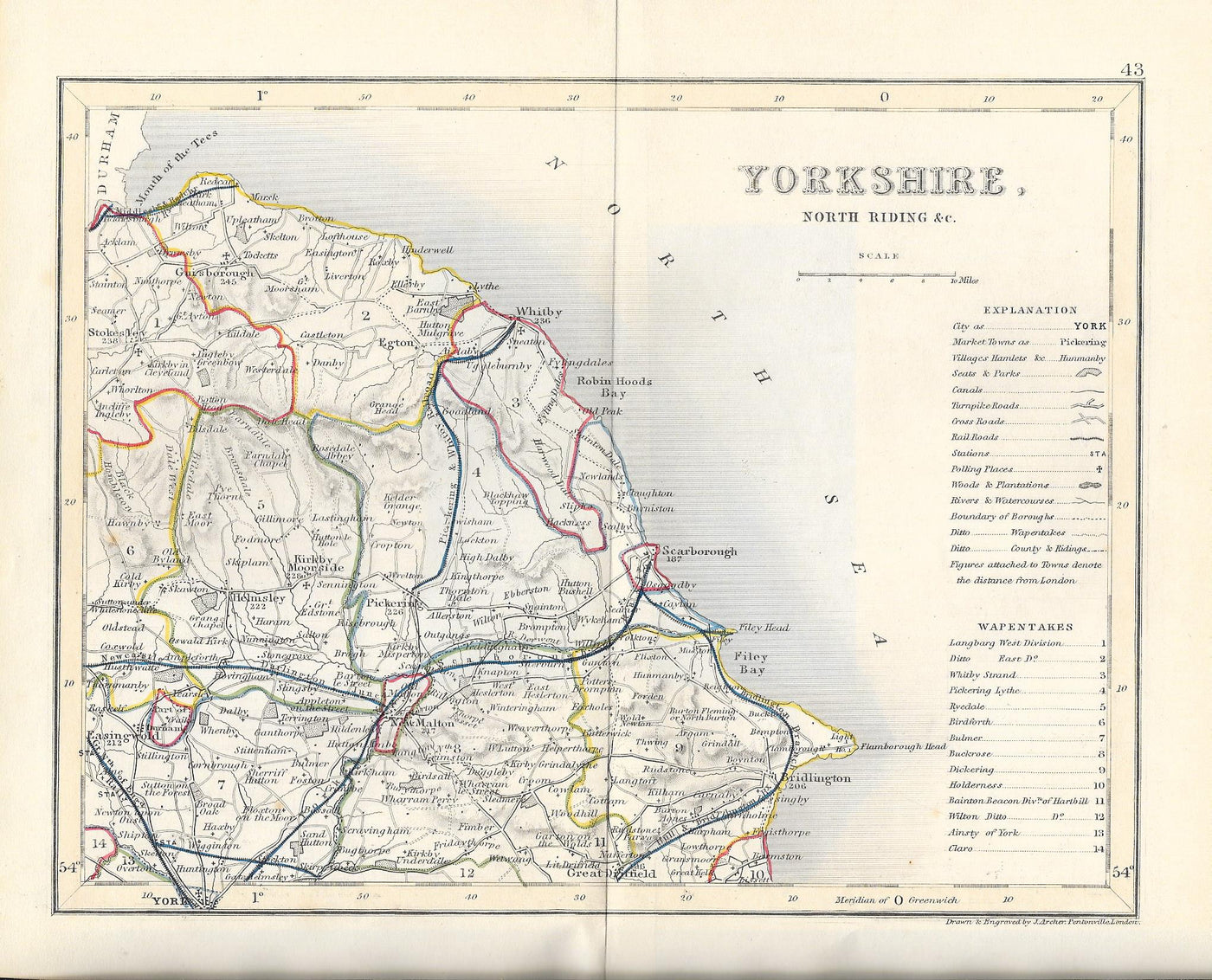 Yorkshire North Riding antique map published 1845