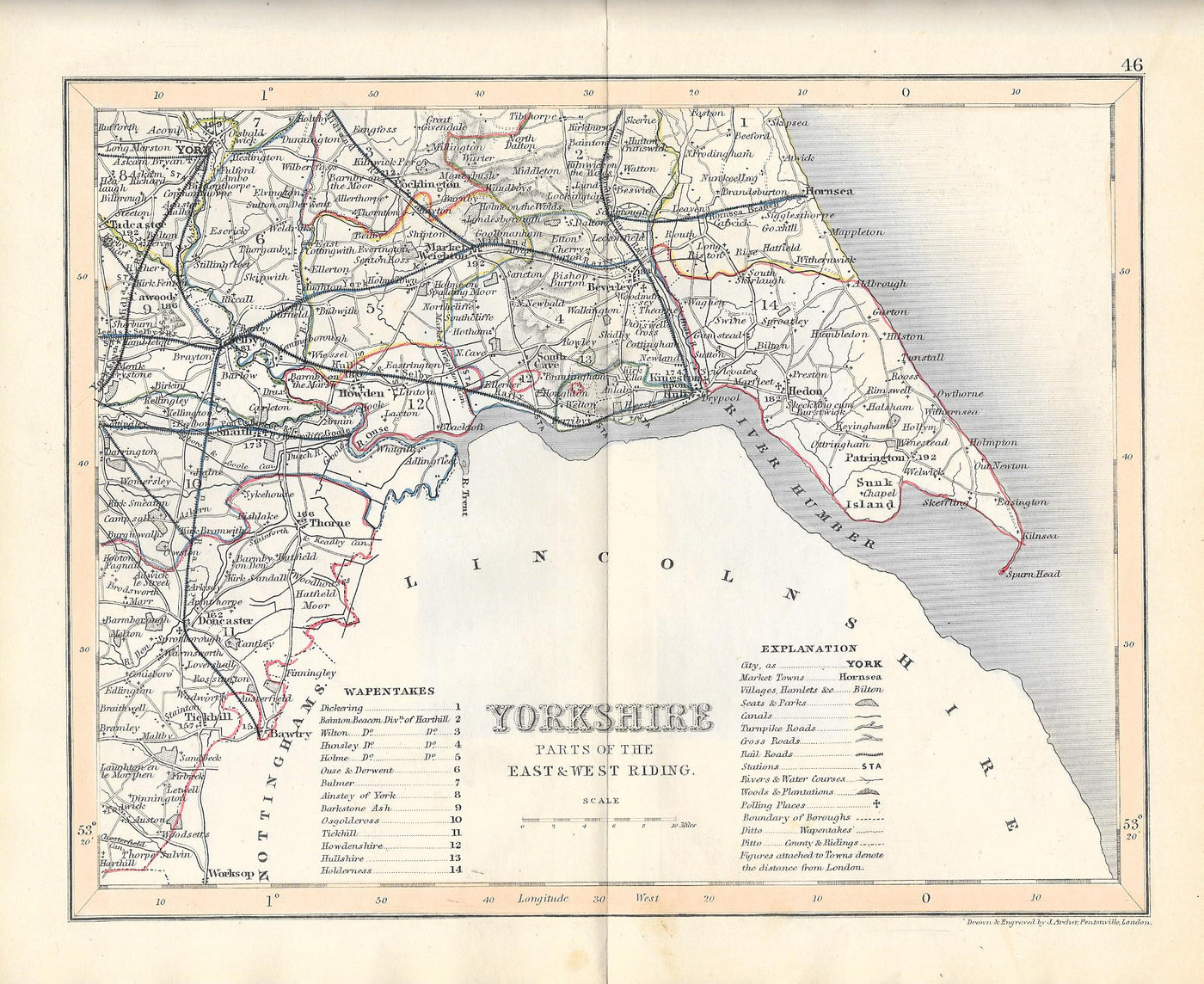 Yorkshire East & West Riding antique map 1845