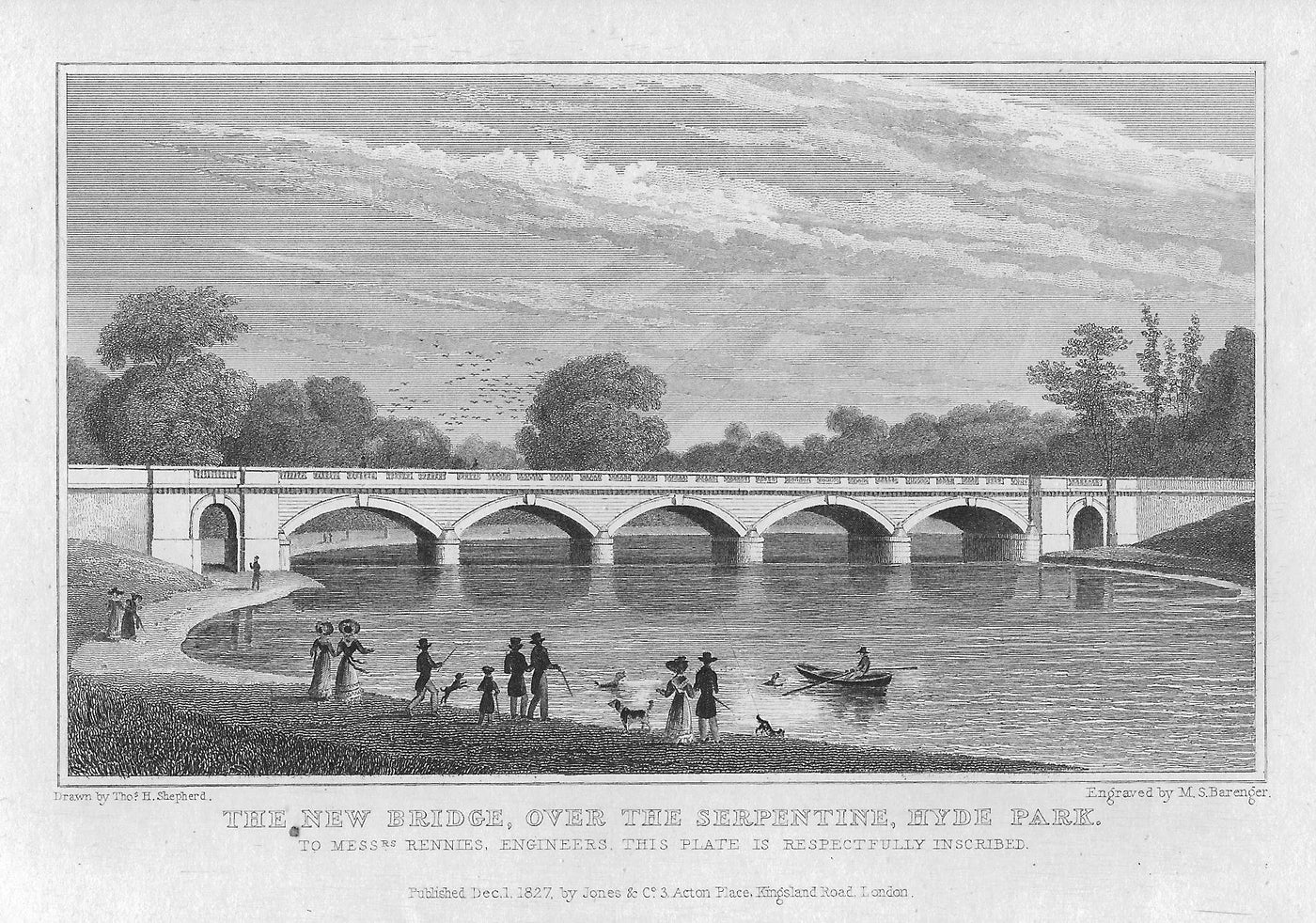 Serpentine Hyde Park antique print 1830