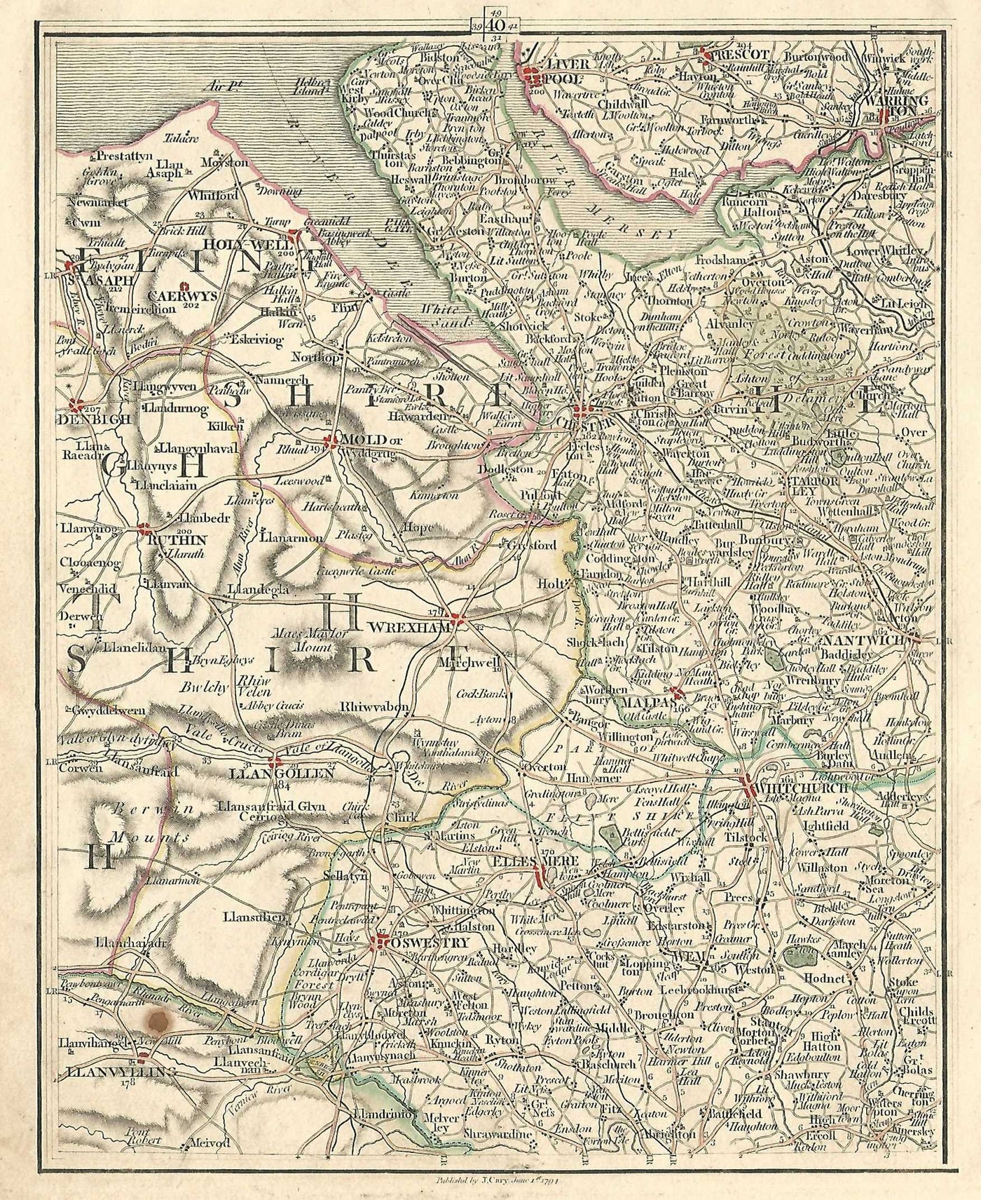 Chester Liverpool Warrington Wrexham Oswestry Ellesmere antique map 1794